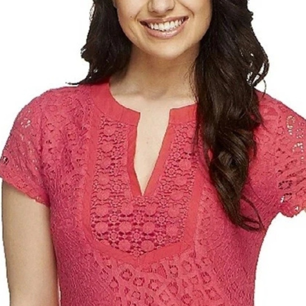 IsaacMizrahi Live Lace Tunic Women L Pink Split Neck S/S Floral‎ Medallion